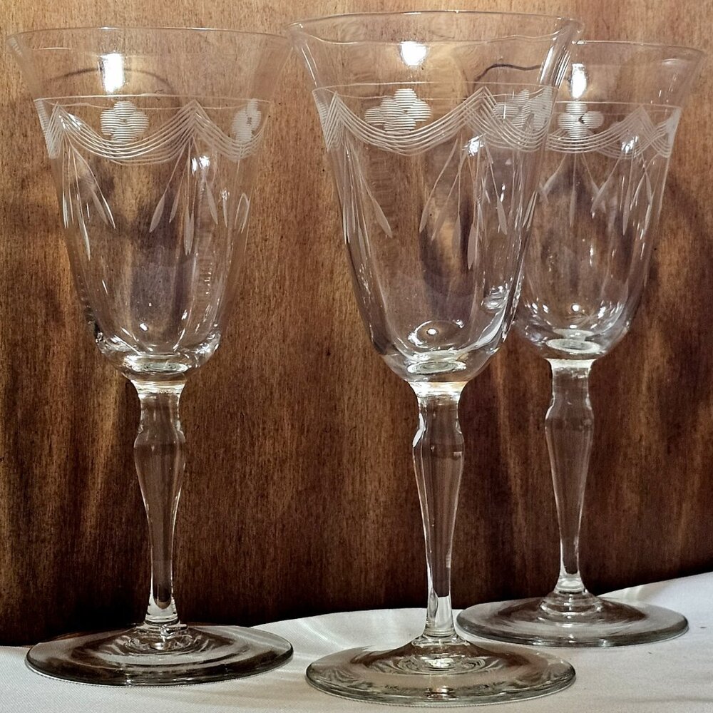 3 Blown Glass Grey Cut Swags Dots Water Wine Glasses  7.75" flowers flared rim